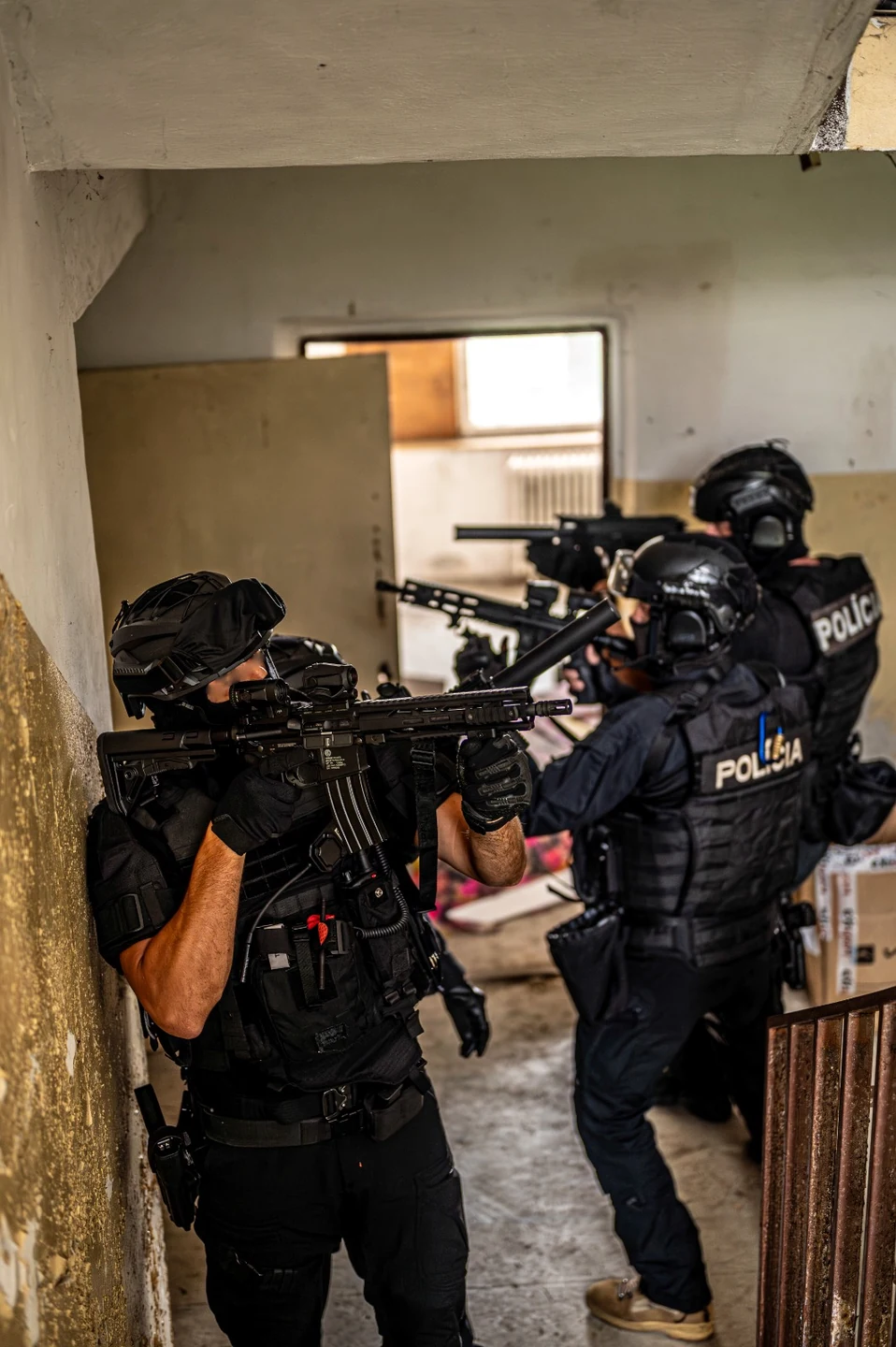 Professional tactical team during a building-entry exercise
